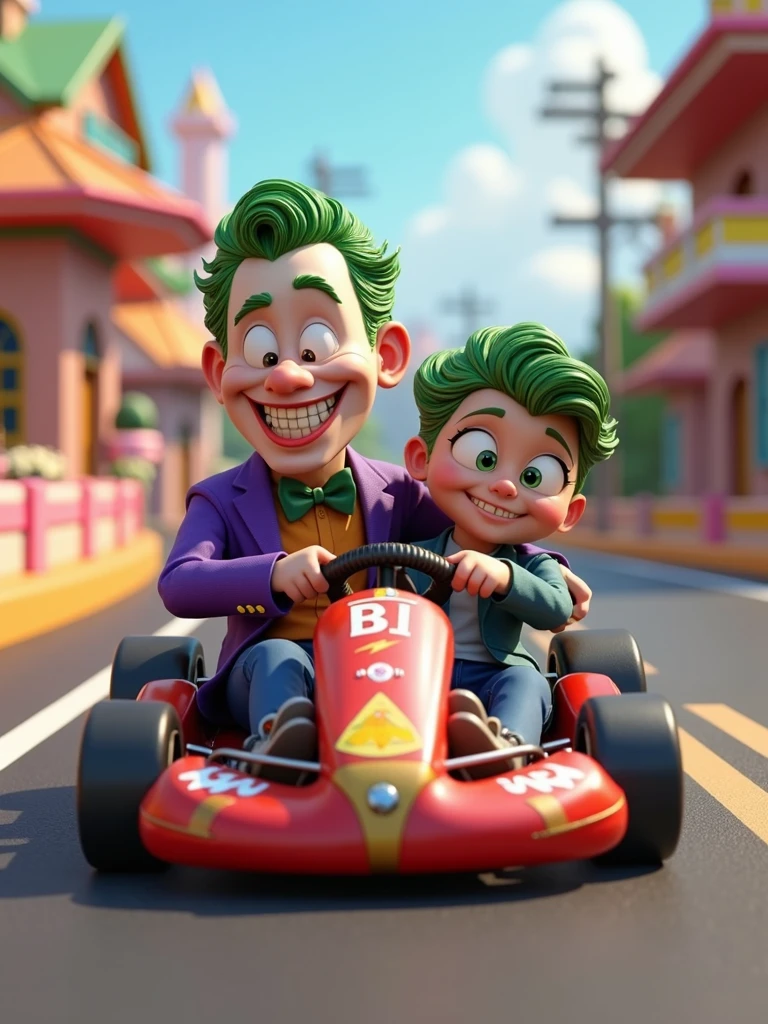 The joker superhero, dressed in a tuxedo and bow tie, drives colorful go-karts on the track with his son, in the style of Disney Pixar cartoon characters.