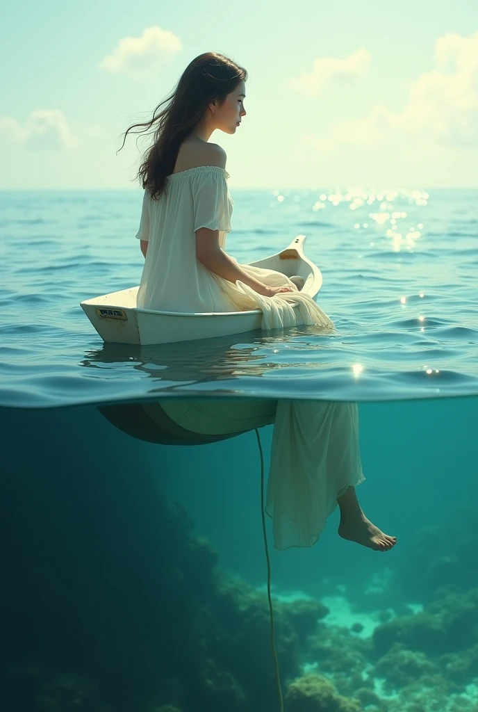 woman on a boat sitting looking at the bottom of the sea