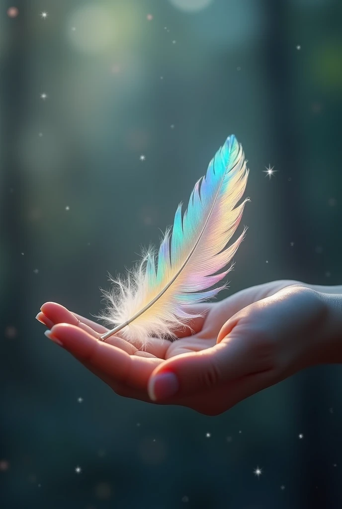 hand、handのひらに一枚の天使の羽根、Iridescent Feathers、５refer to