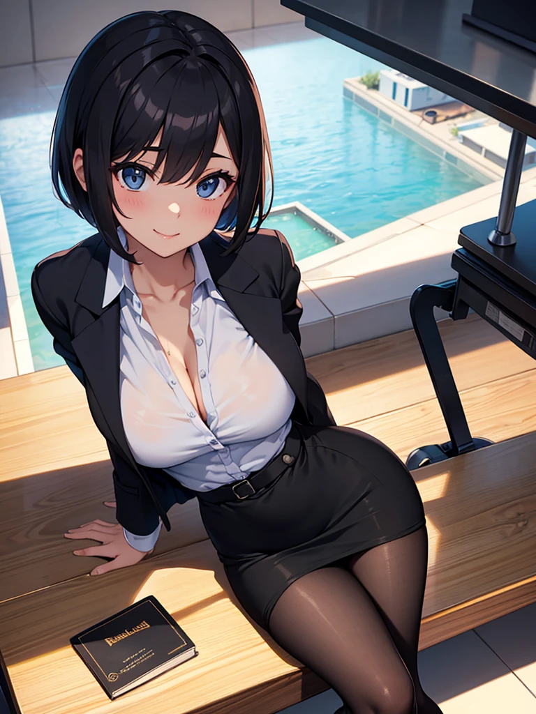 masterpiece, best quality, high definition images, atmospheric perspective, expressive eyes, perfect face, ultra detailed, solo, 1mature seductive woman alluring, lying back down on desk, sprawling, teasing smile, look ecstasy, sweaty, black short bob hair, female teacher, business suit, jacket, blouse, pencil skirt, tight mini skirt, lifting skirt, spread legs, black panties, curvy, thighs, pantyhose, high heals, from above, in study room,