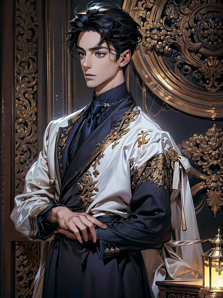 lamplight, close-up cleavage, Handsome men, golden eyes, (Focus eyes, The eyes are bright), (focus face),(Focus clothing), Medium long black hair, ear piercings, medium skin, dark blue coat, Meticulous suit, gold accessories on clothes, dark blue ties (perfect anatomia:1.2), Highqualityshadow, natural lighting, (White highlights:1.2),overcast day, (starrysky), (shining), full body 