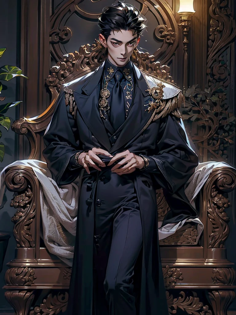 lamplight, close-up cleavage, Handsome men, golden eyes, (Focus eyes, The eyes are bright), (focus face),(Focus clothing), Medium long black hair, ear piercings, medium skin, dark blue coat, Meticulous suit, gold accessories on clothes, dark blue ties (perfect anatomia:1.2), Highqualityshadow, natural lighting, (White highlights:1.2),overcast day, (starrysky), (shining), full body 