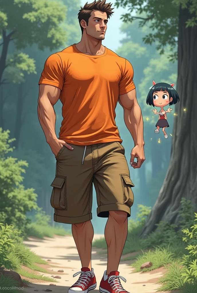 Muscular man wearing a shirt with long shorts Long loose shorts With pockets on the sides with converse sneakers Orange T-shirt and brown shorts Long short, long short, long Realistic real life and just to him a magical anime style girl