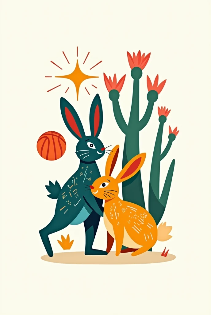 Create a logo with 2 rabbits and 1 maguey , 1 theater and 1 basketball ball 