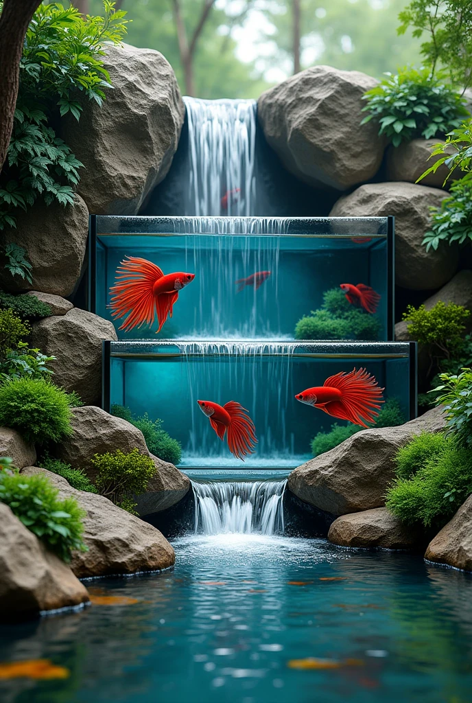 Betta fish tanks embedded in an ornamental waterfall