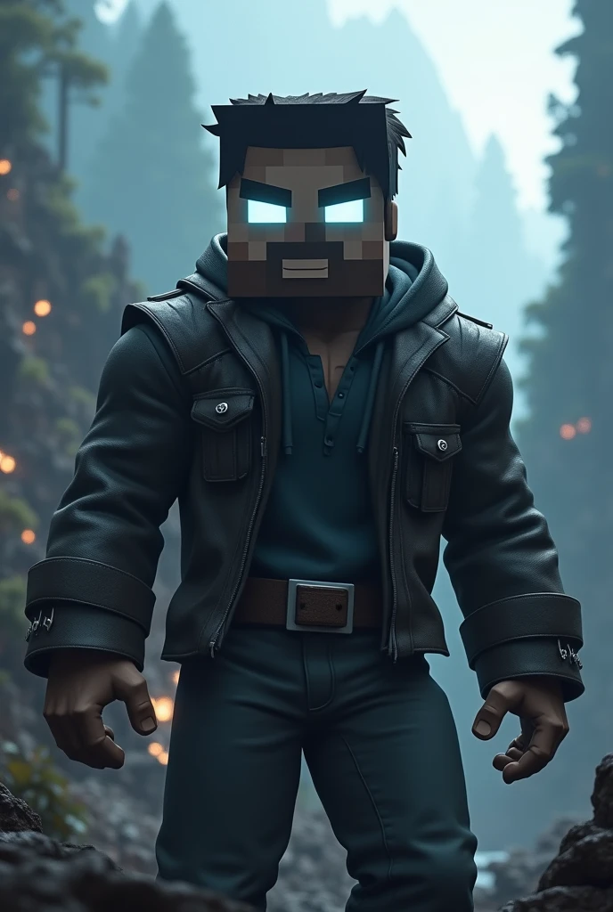 Steve from Minecraft game glowing white eyes badass