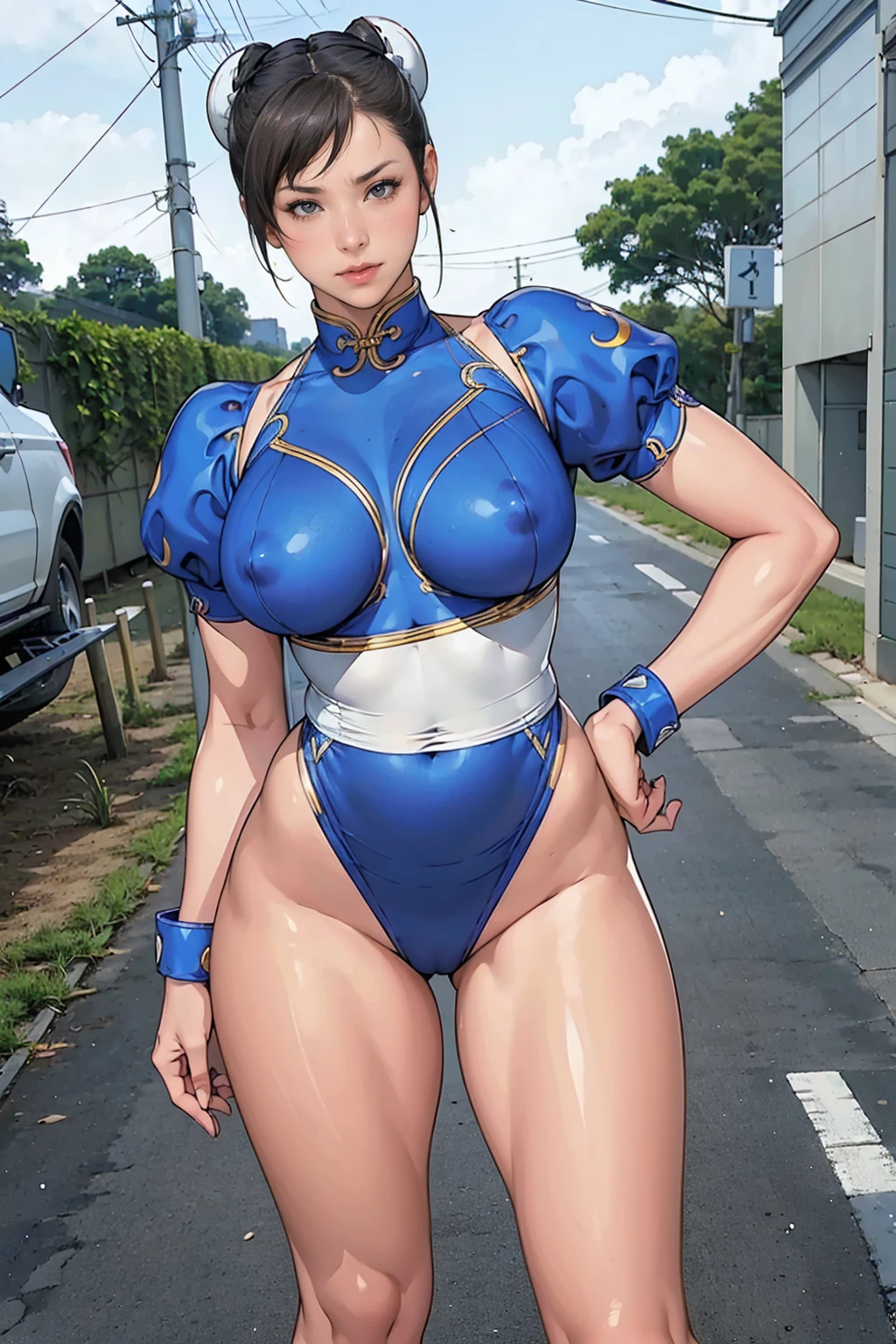 ((A woman modeled after the character Chun-Li)), , Medium Hips, Bright Eyes, Very flashy,Huge breasts, Puffy nipples, tight, ((ultra Realist)), TM Ninja White, icon, cores Vibrants, Vector Style, Digital Art, 4K, Intricate details, charm, Professionally done, Beautiful vector illustration, 12k resolution, ..3d, Detailed description of all characters, ((Very detailed)), ((Vibrant)),((super high quality)), ((Hyperrealism)), ((Photorealism)), [Octane Rendering] , In the city, Lots of cars (Realist), Very detailed, 