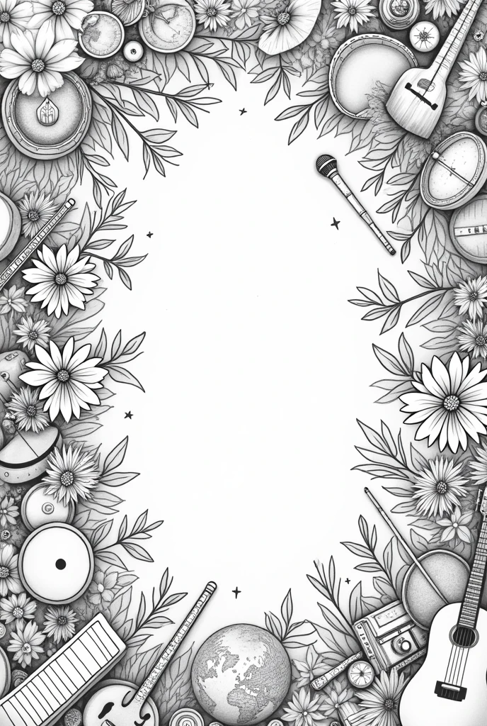 black and white linear drawing with various cultural elements, spread out, occupying the entire space. drums, tambourine, transverse flute, cuica, cavaquinho, guitar, flowers, cameras, terrestrial globe, textbooks, saxophone, mike, wheel

