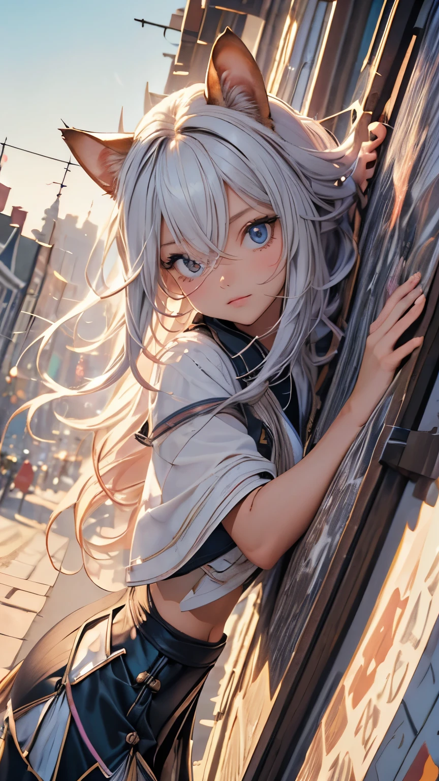 (Gradient Hair, Dutch Angle:1.3), Film Grain, chromatic aberration, City Centre, masterpiece, Squirrel Beauty, Highest quality, RAW Photos, Realistic, Absurd, One person, cute, perspective, Cowboy Shot, High resolution, Super detailed, In detail, Detailed eyes and face, Sharp pupils, Realistic students, Sharp focus, summer, night,