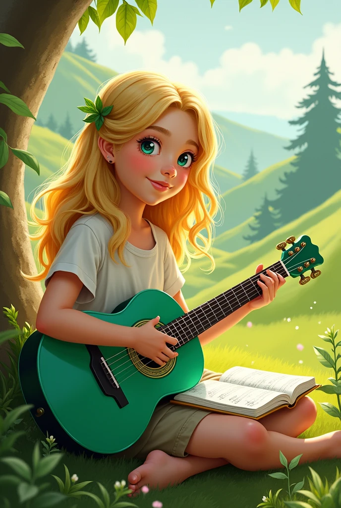 A blonde haired girl with a music notebook playing a green guitar
 