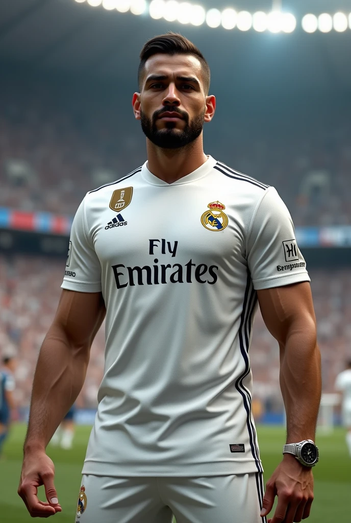 Brazilian gentleman, 25 years old, skin tanned,beautiful and elegant, vestindo uma real madrid shirt outfit, masculine, photo by full body,(ultra details, photorrealistic, best quality, 4K, high resolution, Artwork:1.3), a mature man, charming and distinguished , (muscle building body), Accessories include a luxury wristwatch, muscle veins. real madrid shirt outfit, in front of a stadium with some people around it. 