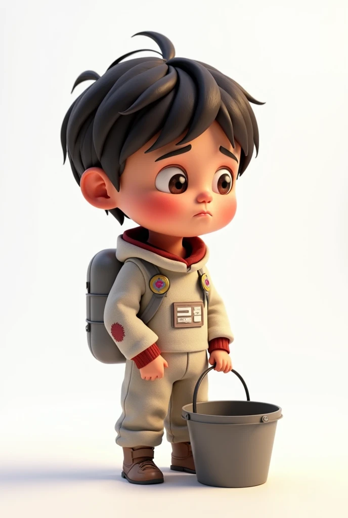 a sad one with short hair, dark brown hair color, wearing a space costume, holding an empty bucket , white background, the child, tom, Pixar-style, 3d, Cartoon s, face detailed, asymmetric 16k