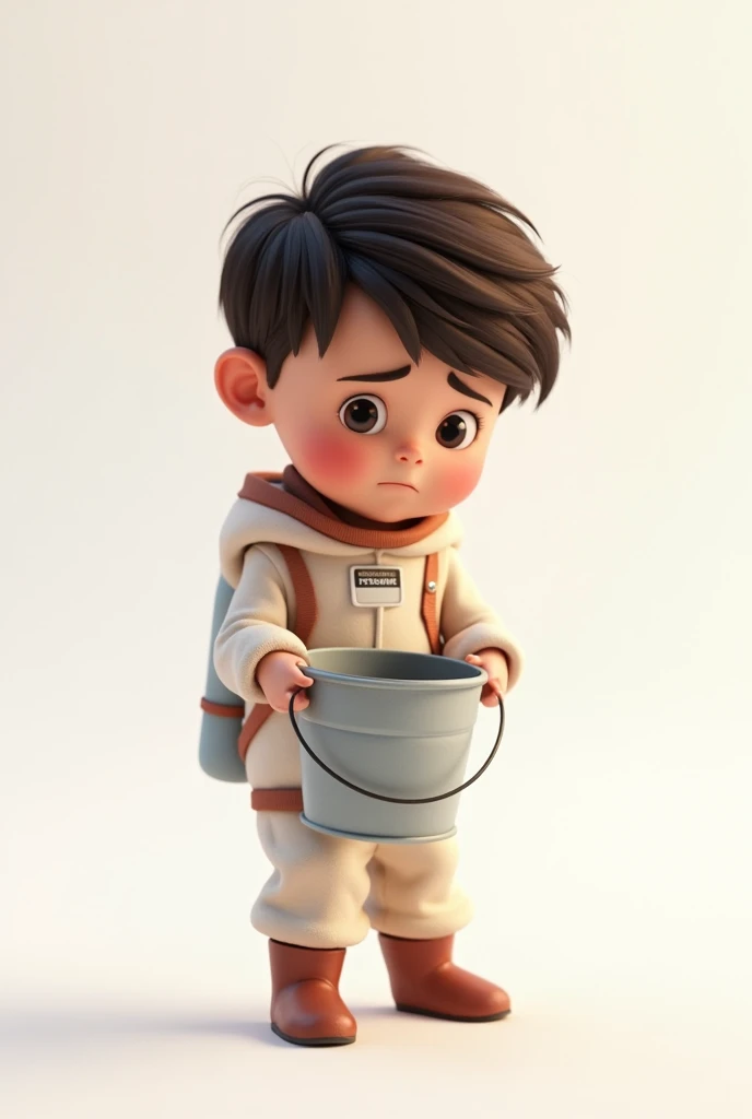 a sad one with short hair, dark brown hair color, wearing a space costume, holding an empty bucket , white background, the child, tom, Pixar-style, 3d, Cartoon s, face detailed, asymmetric 16k