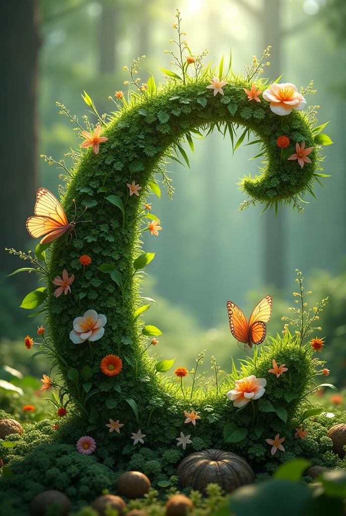 Alphabet "C" image with floral & butterfly in portrait background. i want forest vibe make the alphabet with grass,flower and butterfly resting.