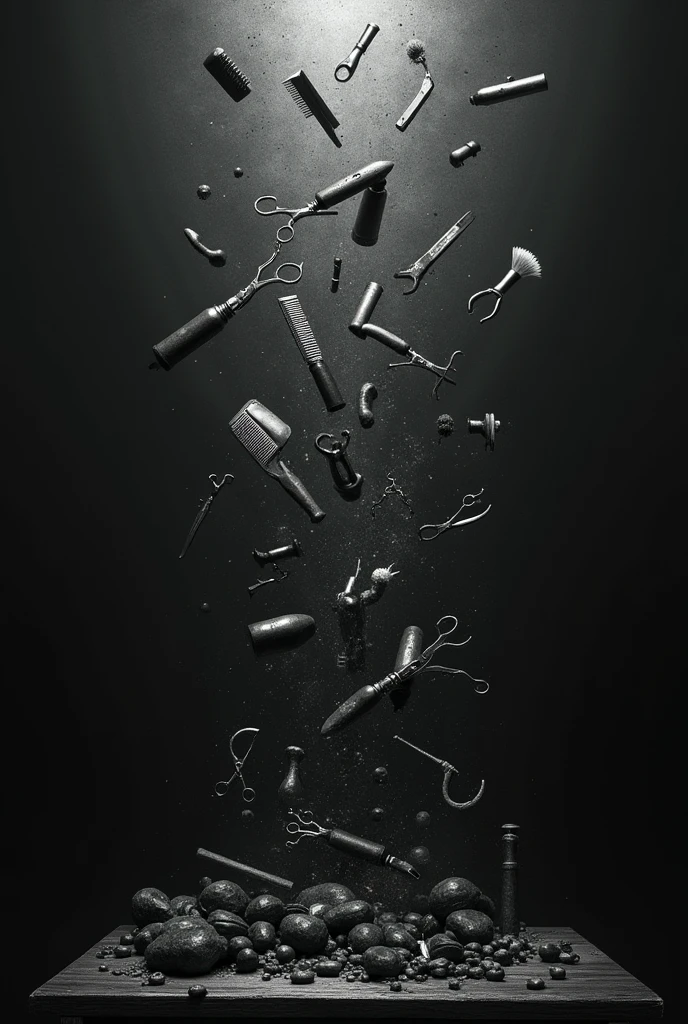 Barber's stuff flying from above in black