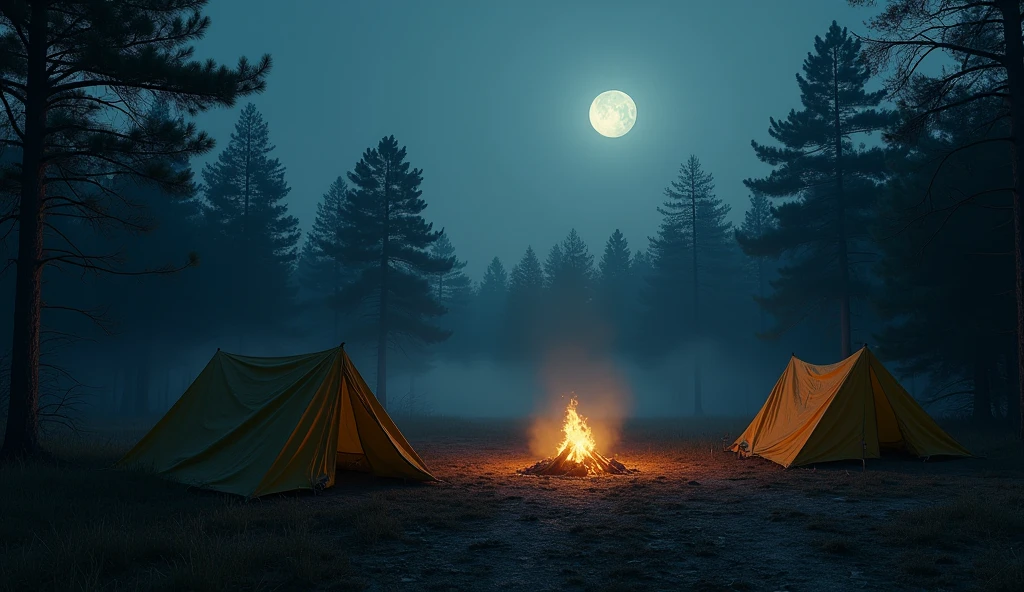 An abandoned campsite at night, torn tents and a dead campfire, dark trees surrounding, full moon illuminating, light fog creating a mysterious atmosphere, 16:9, cinematic style, dark colors, eerie feeling