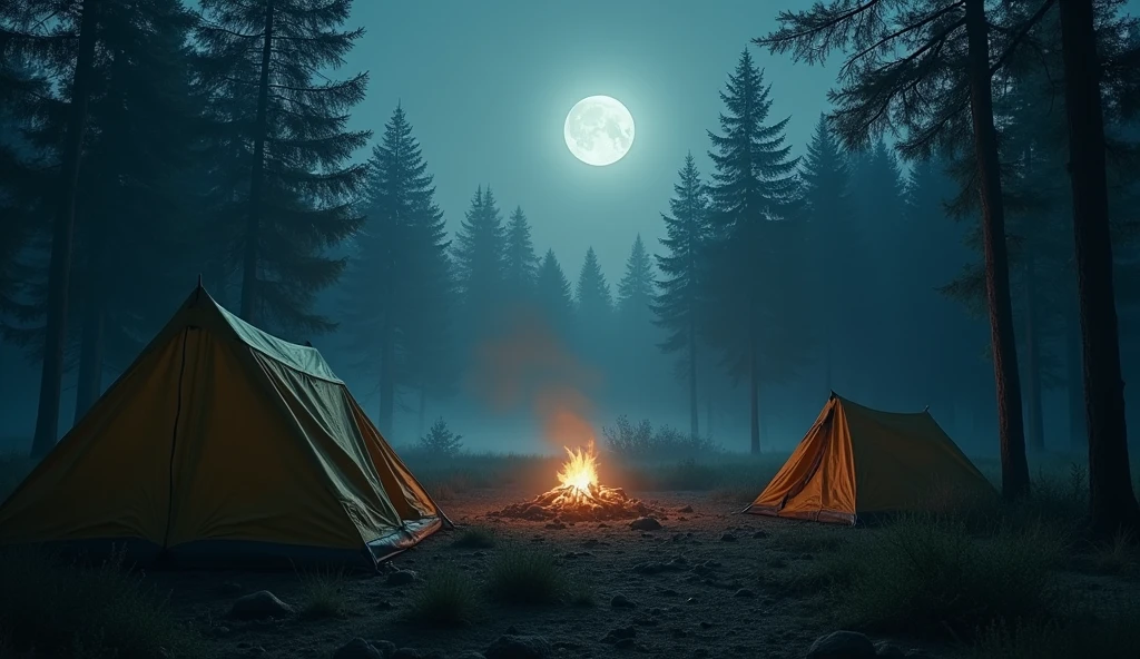 An abandoned campsite at night, torn tents and a dead campfire, dark trees surrounding, full moon illuminating, light fog creating a mysterious atmosphere, 16:9, cinematic style, dark colors, eerie feeling