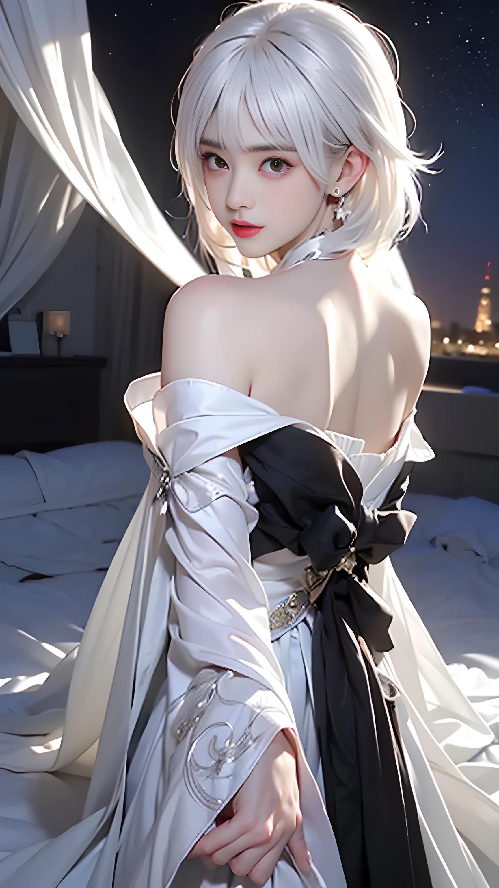 ((((From this knee up)), Night view, Stella, (((masterpiece:1.5, detailed:1.4)), top view, Backlight, A fantastic atmosphere envelopes this ancient city as this sun sets。At this center of this magical moment is a woman、(White-haired girl:1.5)and、Her beautiful hair、(Backlight)The sparkling White Waterfall flows down from below.。Exudes mysterious charm、Suspended particles bloom in this surrounding air、Her beauty、(Beautiful white and shining skin:1.3)Exuding a mysterious light。this((A dress as black as this night sky))It is beautiful and decorated、The off-shoulder design makes the overall look more feminine., Large target , White