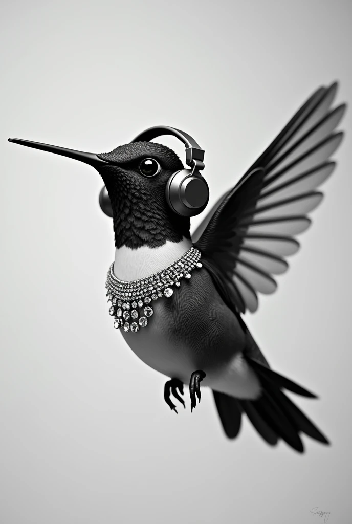 black and white hummingbird with headphones, and a blin blin necklace