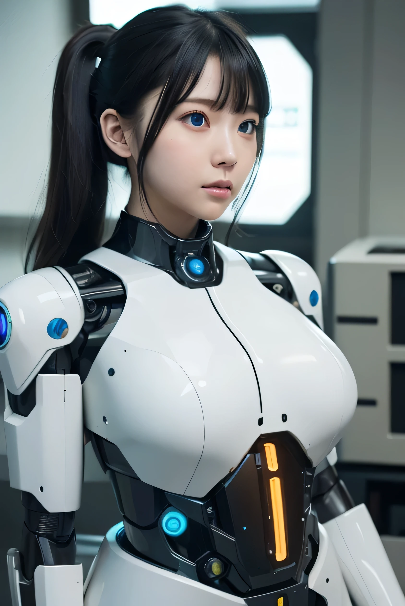 masterpiece, Best Quality, Extremely detailed, Japaese android girl,Plump,chubby,control panels,android,Droid,Mechanical Hand, ,Robot arms and legs, Black hair,Mechanical body,Blunt bangs,White Robotics Parts,perfect robot woman,Charging spot,Long Tube,A thick cable was connected to her neck,ceramic body ,Mechanical body, mechanical ear covers,android,robot humanoid,a bit chubby,panty,full eyes,perfect mechanical body,white robotics body,future laboratory,android factory,mechanical ear cover,white and aqua uniform,costume with aqua accents,perfect cyborg girl,blue eyes,empty eyes