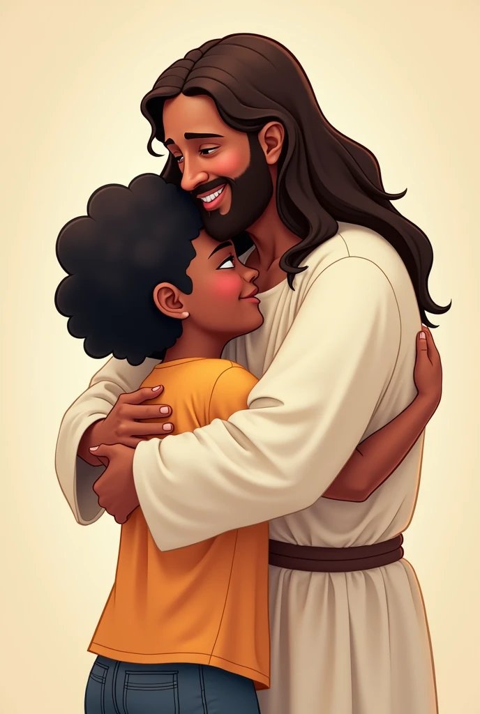 Animation of happy Jesus hugging a black woman with short black hair and short black hair with t-shirt that says Erika manicure 