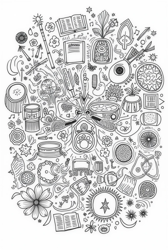 black and white linear drawing with various cultural elements, spread out, occupying the entire space. drums, tambourine, transverse flute, cuica, cavaquinho, guitar, flowers, cameras, terrestrial globe, textbooks, saxophone, mike, mandala


