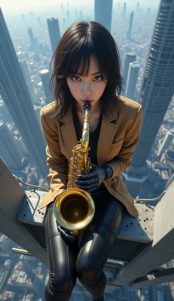 photo-realistic, ultra-realistic, very beautiful Japanese, famous Japanese idol, 25 years old, dramatic scene, masterpiece, beautiful eyes, playing the sax at the top of the tallest building, skyscrapers, cyber punk mecha armor suits, dynamic pose, dynamic angle, sitting on the dangerous edge