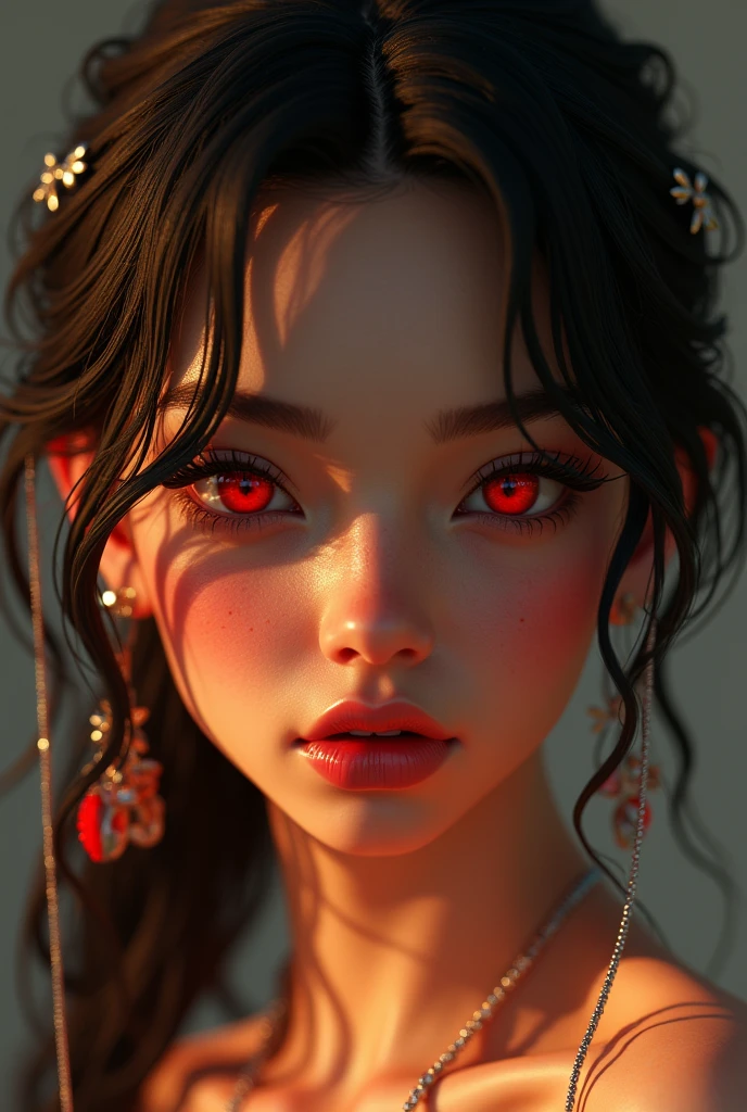 aesthetic lady tanned white skin lady, Black and red hairs mark facial jewels PERFECT MASTERPIECE, EXTREMELY DETAILED CG UNITY 32K UHD QUALITY RESOLUTION WALLPAPER, photorealistic, raw photo, PERFECT PHOTOGENIC CLARITY, official art, PRIZE WINNING PORTRAIT, ULTRA HYPERREALISTIC, ultra hyperdetailed, SHINING REALISTIC SKIN, ray tracing, unreal engine 5.8k, BRIGHT AMBIENT LIGHT cyberpunk, full body Portrait of an Arab girl's, anime lips, mouth and tongue bite (((Red eyes))), walking on a red river, full body shot:1.5,