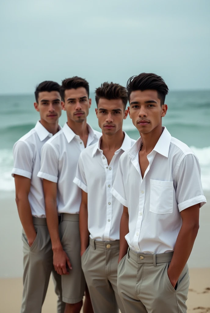 5 men( models), styled, photographic essay, with the same shirt written ( Fine), high resolution, Great quality,( sea shore)