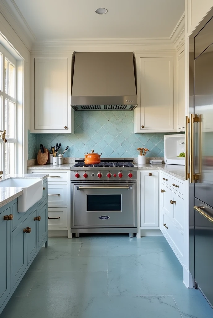 White Provençal kitchen with brass handles on a peninsula with Magblanc quartzite countertops with a refrigerator built into the carpentry , stainless steel oven and microwave tower, American stove, hood built into the carpentry, light blue hydraulic tile floor