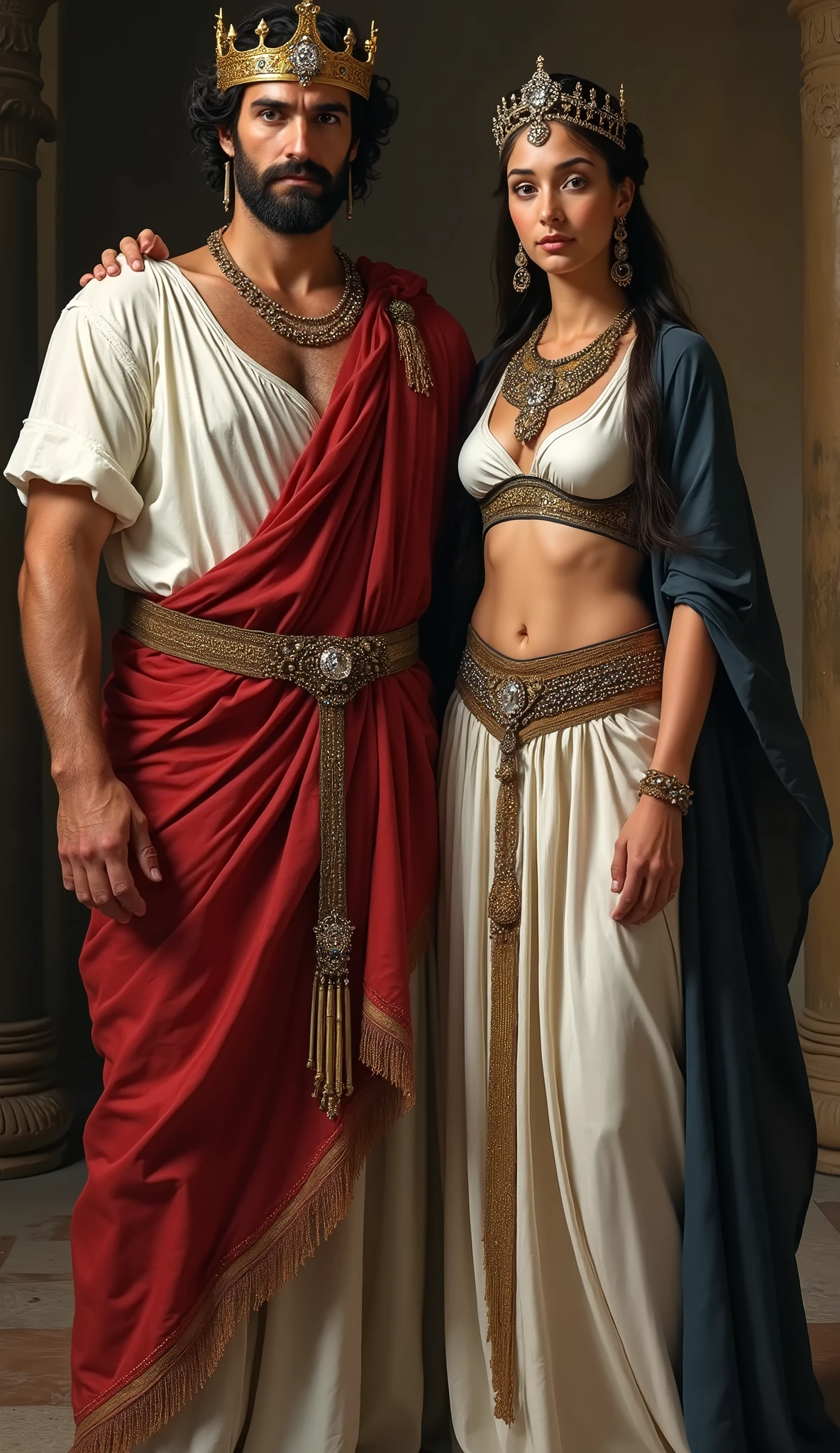 (1 man and 1 woman existence ), (1 man is Herod Antipas, 1 woman Herodian is wife), Front view, looking at viewer, 1 century, the king of the Jews, He is Arab and 50 years old, (Dark brown curly hair, Brown eyes ,He has a beard and curled moustache under his nose and on his chin, serious) ,middle body, (Gold crown), (Ionic nobles of the Roman Empire, Wearing a white tunic), (Red Toga, One-shoulder robe:1.3), ancient Sandals women is Jewish girl 30 years old, (dark brown hair chignon, serious, gold earring, gorgeous neckless with jewel, tiara with diamond, long black see-through back hood, ),(C cup breasts, slender whist, wide hip), (White silk see-through shot blouse, Blue Bra with jewel , brown leather belt with jewel, White long see-through skirt on silk brown patron), gorgeous sandal, ((Textured skin , HI Detail Skin, (Shorthand, Canon, 8k, Anatomically correct, Super Detail, Attention to detail, Your Highness))
