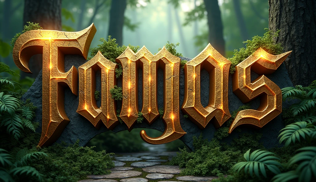 Create a 3D stylized background wallpaper of forest using a medieval fantasy-themed. The font should have a bold, blocky appearance with subtle curves and intricate details. The letters should have a stone-like texture, with small cracks and moss growing on the edges to enhance the ancient, mythical feel. Use a rich golden color with a metallic finish for the text, and add glowing accents around the edges to make it stand out. The overall design should be majestic and powerful, suitable for a fantasy-themed logo
