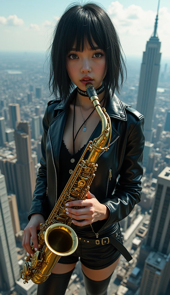 photo-realistic, ultra-realistic, very beautiful Japanese, famous Japanese idol, 25 years old, dramatic scene, masterpiece, beautiful eyes, playing the sax at the top of the tallest building, skyscrapers, cyber punk mecha armor suits, punk rock style, dynamic pose, dynamic angle, sitting on the dangerous edge