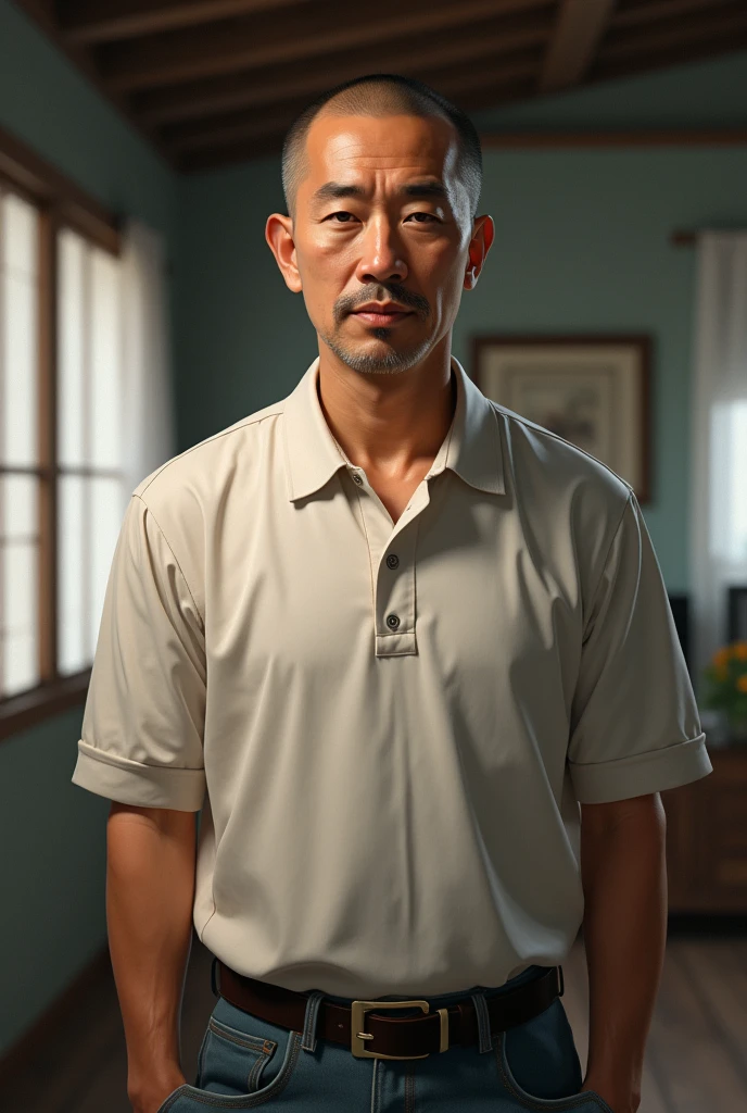 masterpiece,high quality,cowboy shot,standing, 1 man, Japanese man, Middle-aged man, 52 years old, black eyes, buzz cut, black hair, polo shirt, realistic, front view, from the front, looking at viewer, in the room,