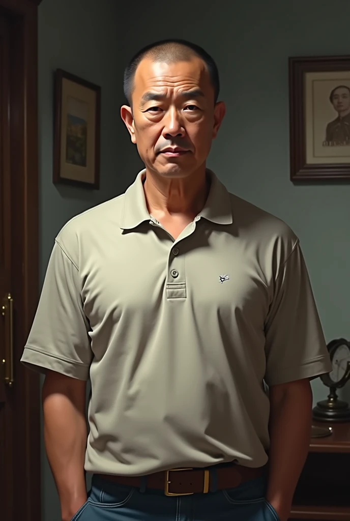 masterpiece,high quality,cowboy shot,standing, 1 man, Japanese man, Middle-aged man, 52 years old, black eyes, buzz cut, black hair, polo shirt, realistic, front view, from the front, looking at viewer, in the room,