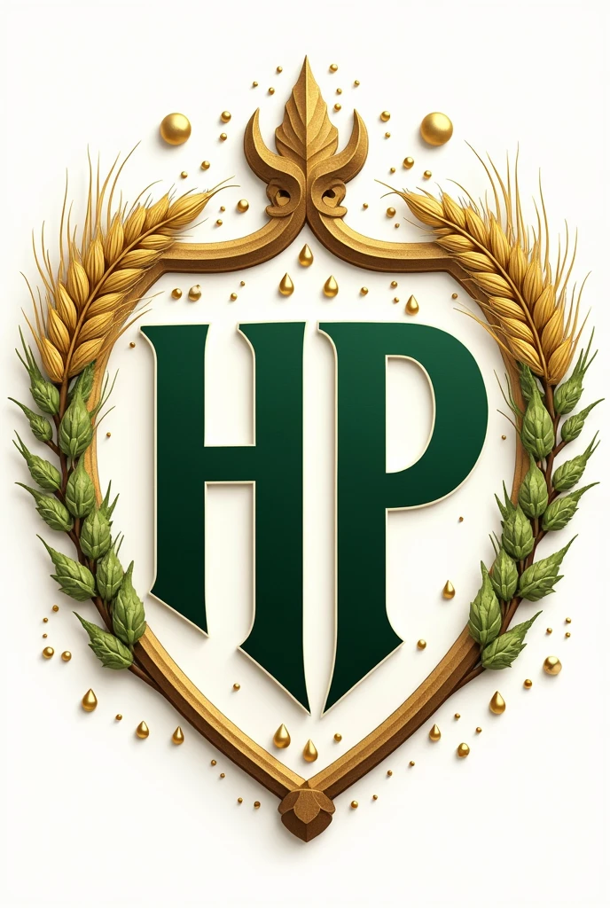 Beer logo with the name HP and water drops written on a beer can with malt and hops in the shape of a coat of arms 