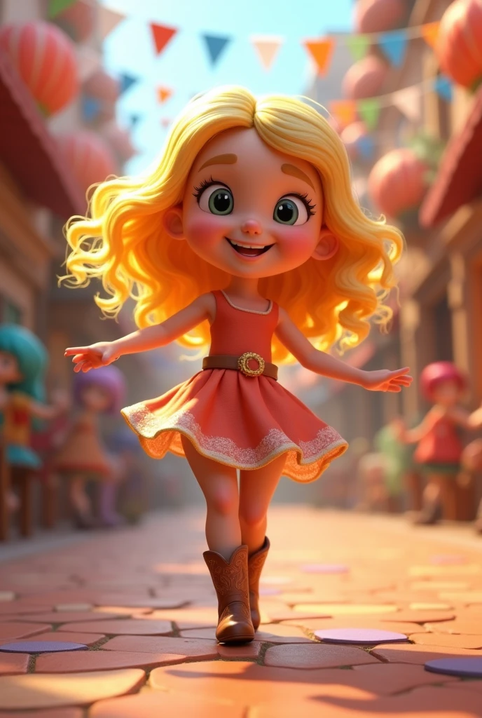 Cute blonde girl wearing a dress and cowboy boots dancing bright colors in background 3D Pixar style