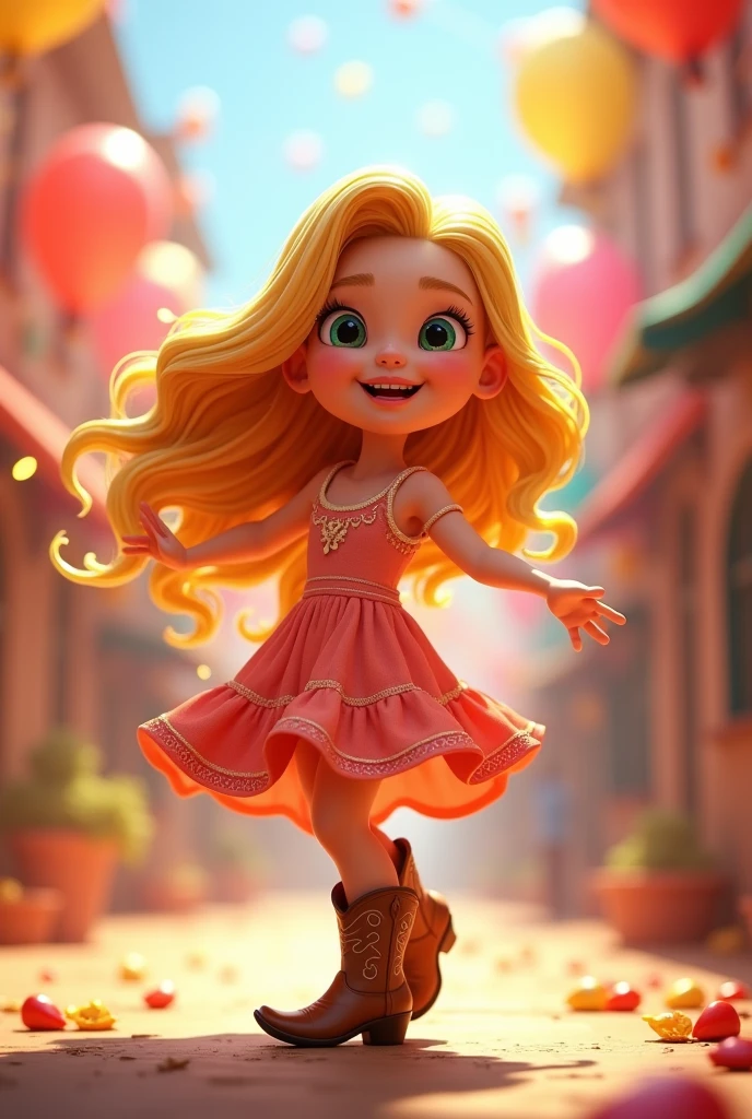 Cute blonde girl wearing a dress and cowboy boots dancing bright colors in background 3D Pixar style