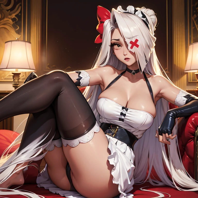 on fours, back view, sex, sensual poses, hot poses, legs spread, (masterpiece, best quality:1.4), absurdres, highres, ultra detailed, beautiful, (maid), (perfect face, detailed face, beautiful:1.3),(natural breasts, cleavage), collarbone, fingerless gloves, gloves,spaghetti strap top, black pencil skirt, tight, over the knee skirt, hat, elegant maid outfit, thighhighs, thick thighs, thighs, multiple belts, More detailed 8K.motor irreal:1.4,UHD,La mejor calidad:1.4, fotorrealista:1.4, textura de la piel:1.4, obra maestra:1.8,obra-prima, mejor calidad,objeto Objeto], (detailed face features:1.3),(manos detailed)
