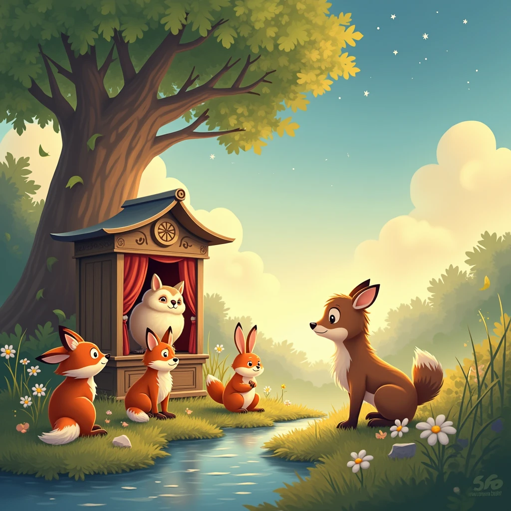 2d, Simple and cute, with gentle colors like a picture book , 8k, Highest quality,cute,In the foreground、Fox、rabbit、Deer etc.々The animals、Gathered around a beautifully decorated antique Kamishibai stage、A gentle and wise owl telling a story,The animals have a soft and friendly look.、Listening intently to the story,In the background、A tall tree with gentle sunlight filtering through its leaves々and、The painting depicts a small stream quietly flowing nearby.,In the sky、The stars begin to twinkle、黄昏から夜明けへand移り変わる穏やかな空が広がっている