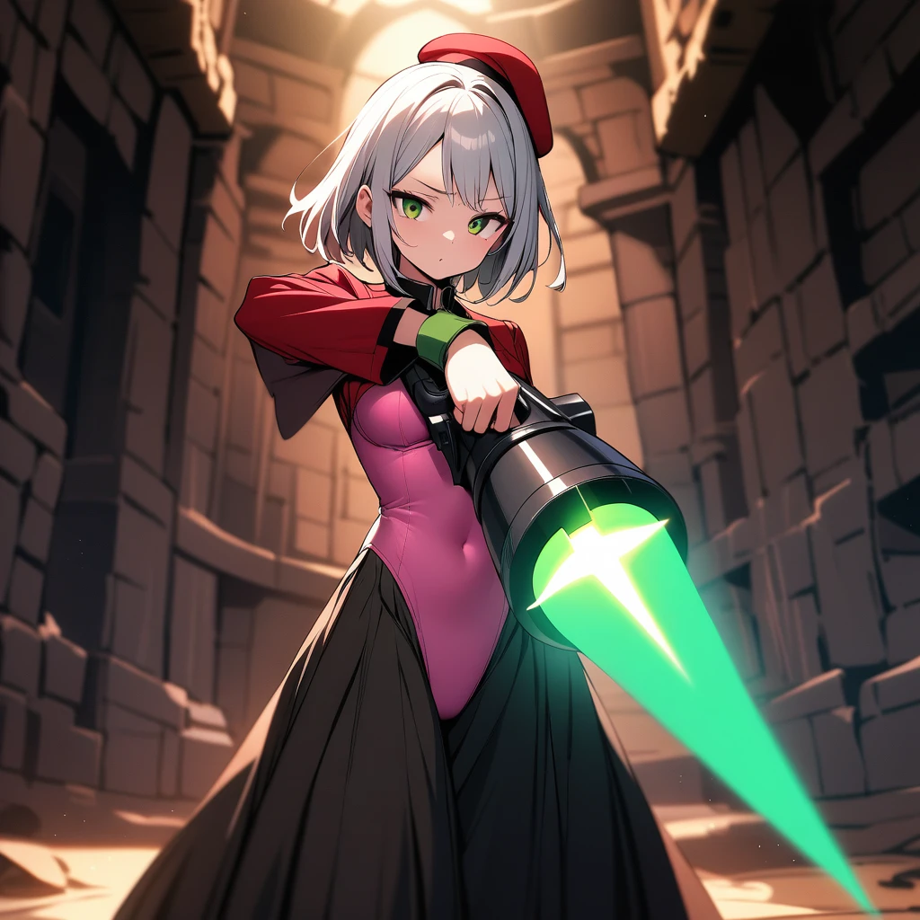 (masterpiece,best quality,very aesthetic,ultra-detailed),high saturation,fantasy,nsfw,solo,BREAK,1girl,20yo,curvy,medium breasts,tall,bewitching,(green eyes with red flame aura),slanted eyes,beautiful face,A red beret with a single flower,Grayish-pink straight hair,short hair,long drooping hairline,Dark green wings,(Red military jacket,Red and black long skirt,Pink leotard:1.2),long sleeves,Green cuffs around the wrist on the sleeves,White long boots,seriouds,calm,fighting stance,spelling,dungeon,holding Large magic gun like cannon,cowboy shot