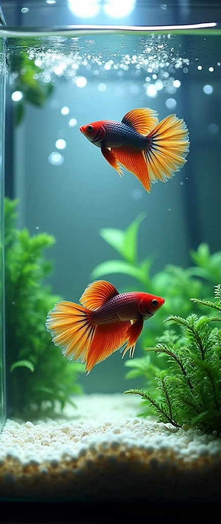 (masterpiece:1.2,Highest quality,Ultra-high resolution,Very detailed,Realistic,Ultra-high resolutionのカメラ),8k,wallpaper,(A white-bottomed aquarium photographed from above),(Detailed depiction of the aquarium, Removes water reflections:2.0),(Two bettas swimming),Cool photos,