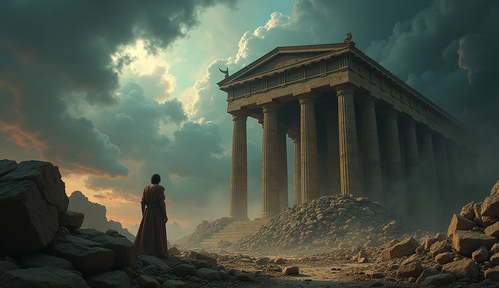 The climactic image of Samson falling with the temple columns, amid debris. The background has a stormy sky, symbolizing chaos and tragedy. Dark, dramatic colors express the intensity of the moment.