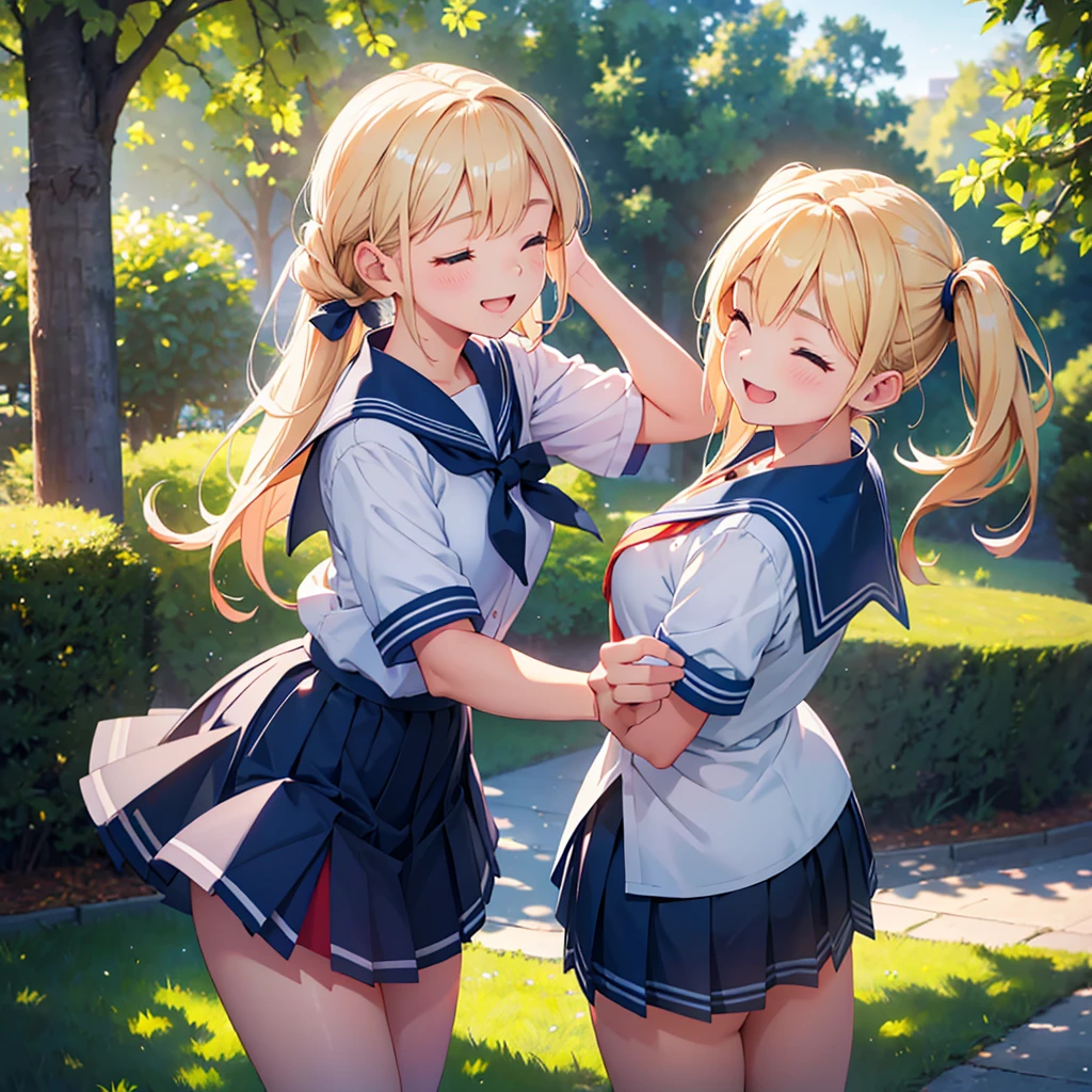 1 girl, sailor uniform, pleated skirt, blonde twin tails, dancing happily in a serene park, blue sky, dappled sunlight, smiling with eyes closed, (best quality,4k,8k,highres,masterpiece:1.2),ultra-detailed,(realistic,photorealistic,photo-realistic:1.37),vibrant colors,soft lighting,warm tones,whimsical,joyful,elegant,detailed portrait