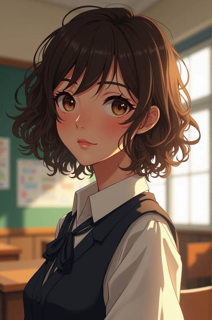 Girl with brown eyes and brown hair, Her hair is quite short and curly, her skin is somewhat dark.. That she is a 17-year-old student in a schoolgirl uniform and does not have so many feminine features.