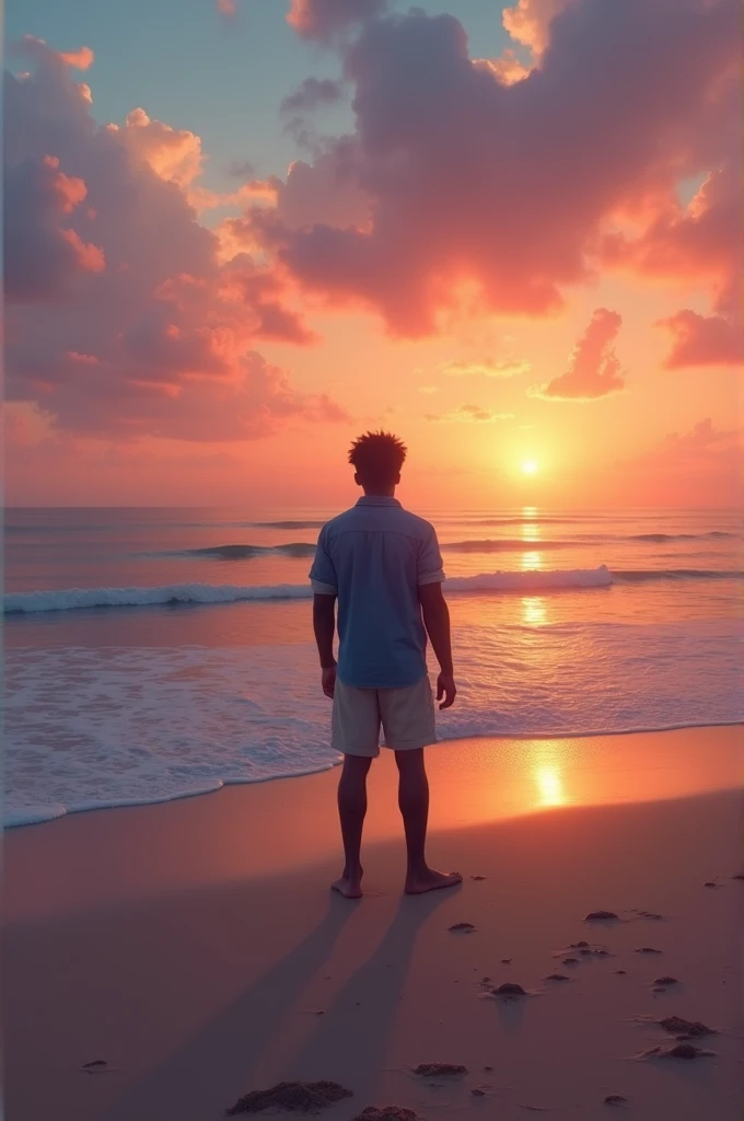 A realistic beach scene at sunset featuring a lone African man standing far in the distance, facing the ocean with his back to the viewer. The man is around 5’6” in height, wearing a jean shirt and shorts. He is barely discernible due to the distance, adding a sense of vastness to the scene. The sky is a blend of warm orange, pink, and purple hues as the sun sets on the horizon. The ocean is calm with gentle waves, and the sandy beach stretches out, creating a peaceful and reflective atmosphere.