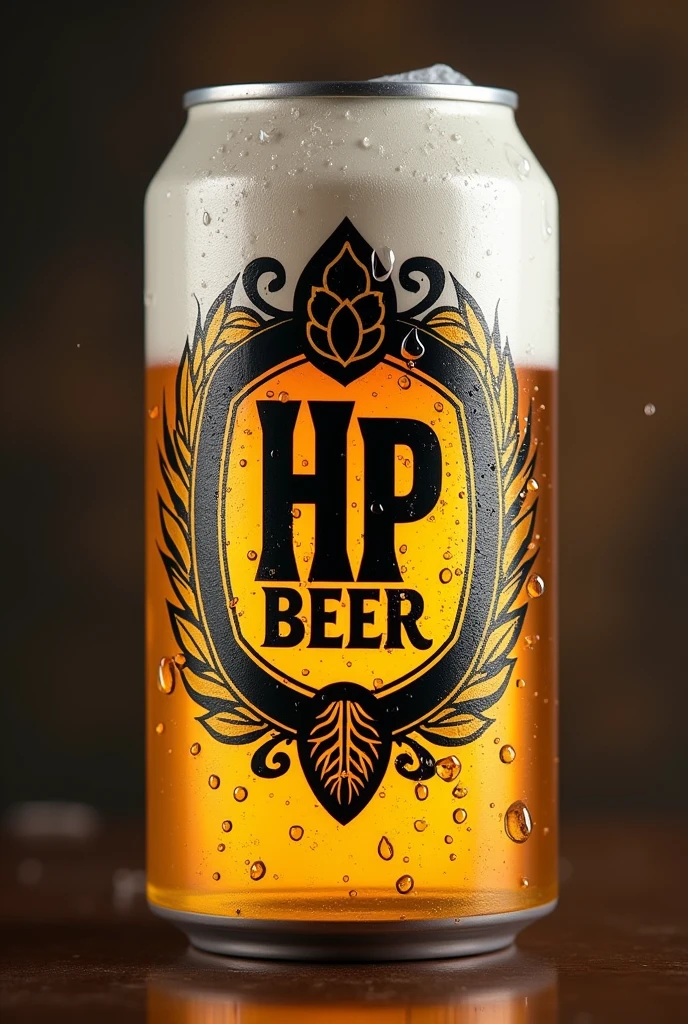 Beer logo with the name HP BEER and water drops written on a beer can with malt and hops in the shape of a coat of arms 