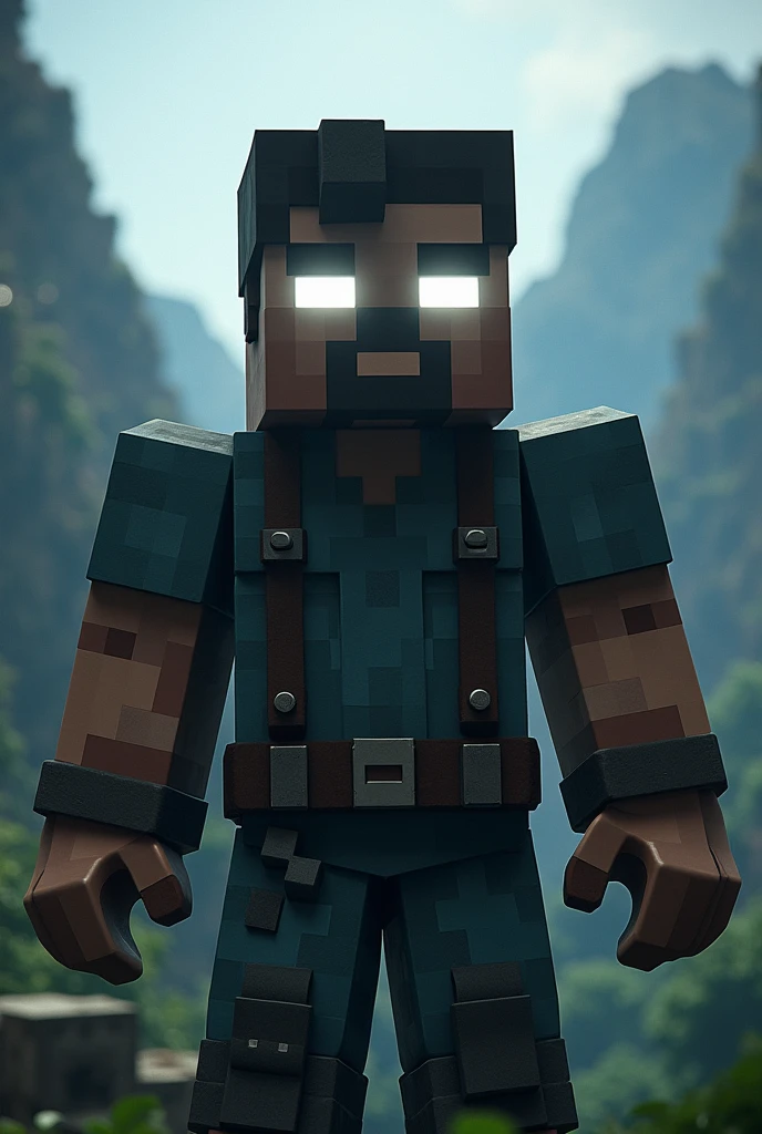 Steve from Minecraft game glowing white eyes badass
