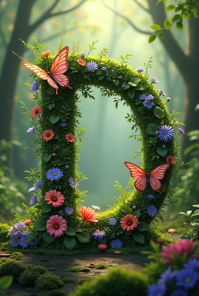 Alphabet "D" image with floral & butterfly in portrait background. i want forest vibe make the alphabet with grass,flower and butterfly resting.
