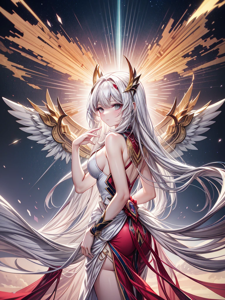 Create a beautiful girl inspired by Solgaleo with a celestial and majestic presence. She has long, flowing hair that glows with a golden light, and piercing eyes. Her sleek, elegant outfit features high slits or cutouts for increased lower body exposure. The background is a cosmic scene with a radiant sun. Show her from various angles to capture her graceful form and the captivating details of her outfit."